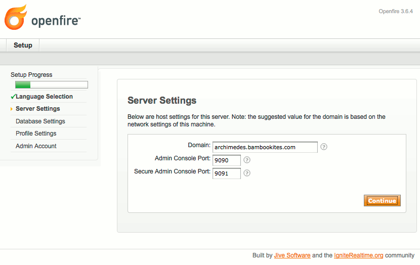 Domain and admin ports selection in Openfire setup on Ubuntu 9.10 (Karmic).