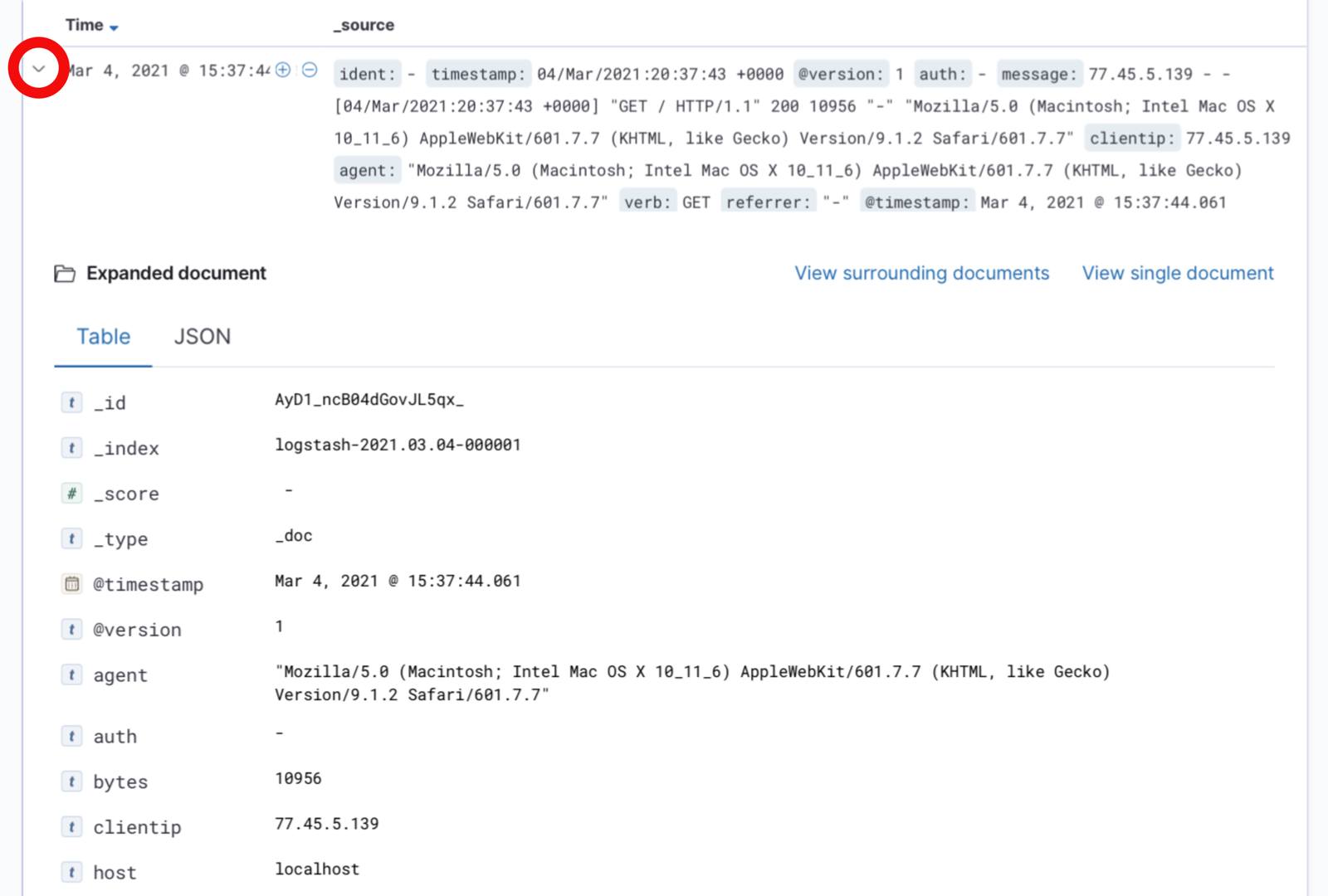 Kibana 7 Document Fields